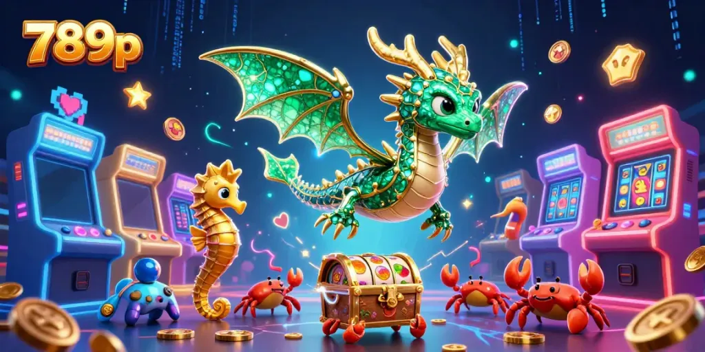 Engage with the dazzling 789p gaming scene featuring a leafy sea dragon, slot reels, and animated treasures.