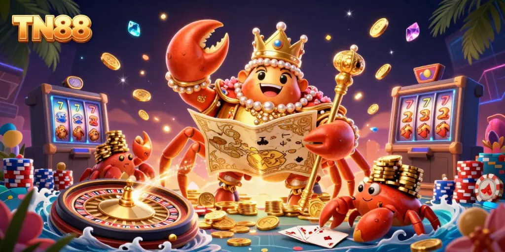 Engage with TN88's thrilling online gaming experience featuring a vibrant casino environment with golden crab emperor and treasure elements.