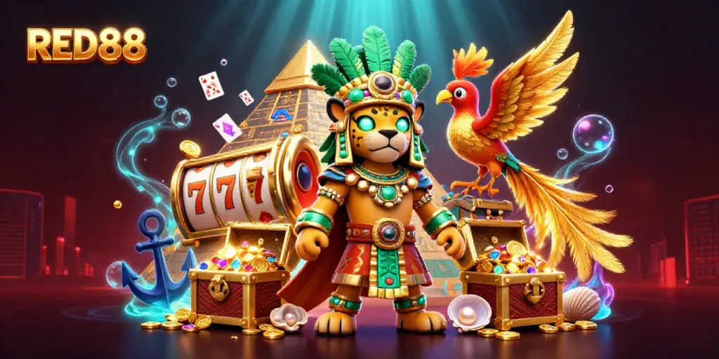 Experience thrilling gameplay with RED88's vibrant Asian-themed casino illustration featuring lucky slot reels.