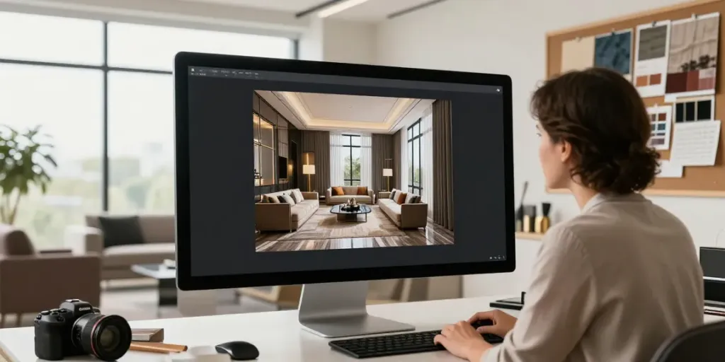 Best 3D rendering company showcasing a designer collaborating on visualizing luxury interiors.