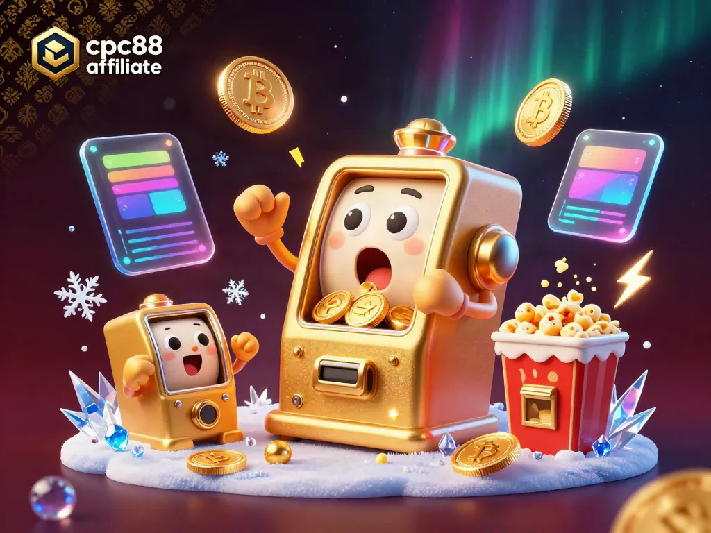 Engage with the cpc88 affiliate program through a vibrant scene showcasing a golden slot machine hitting a jackpot.