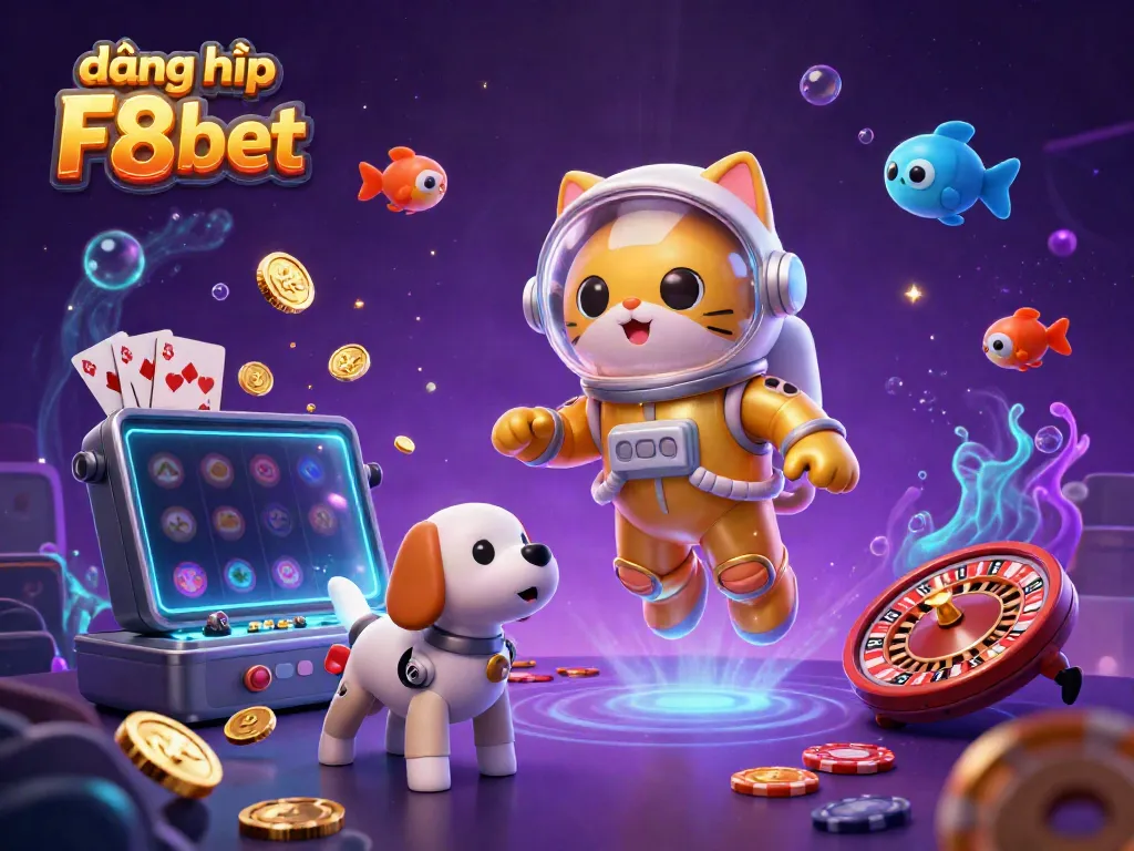 Experience đăng nhập F8bet with an engaging illustration featuring a space cat and gaming elements.
