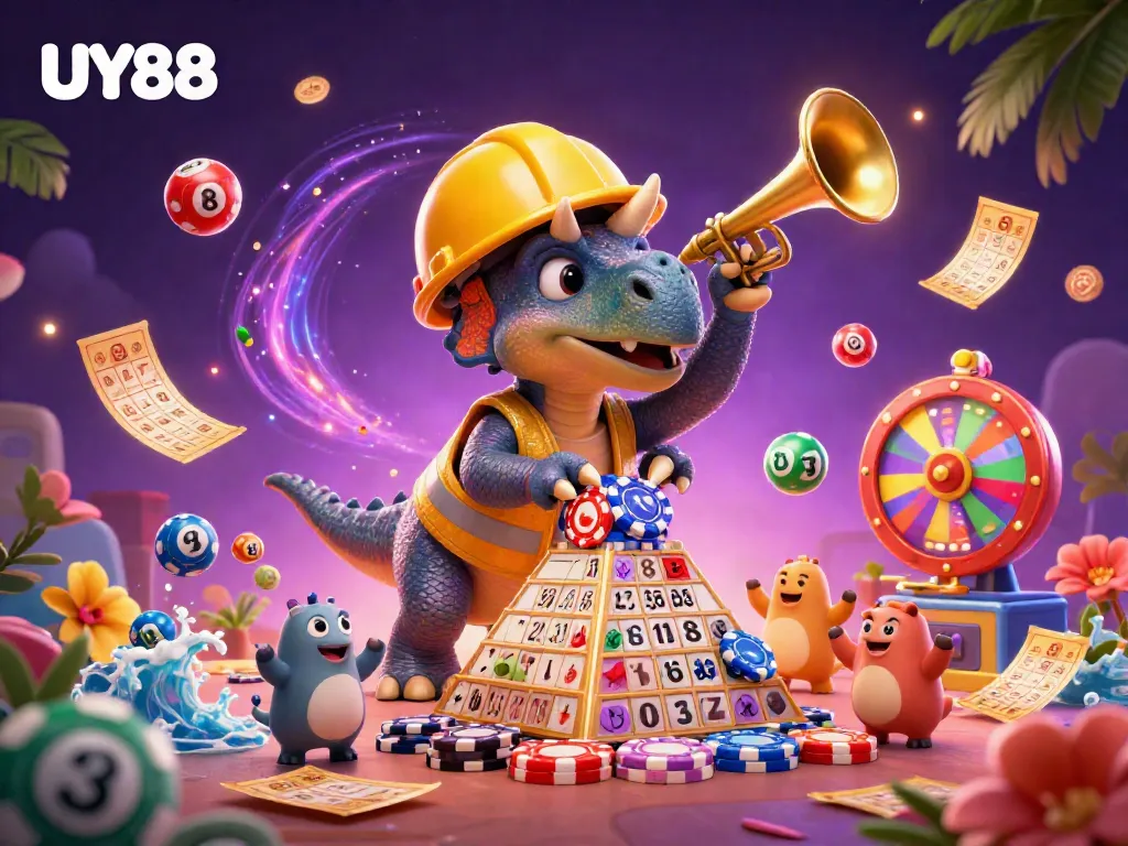 Experience UY88's vibrant casino world with a cartoon triceratops and exciting game elements in this illustration.