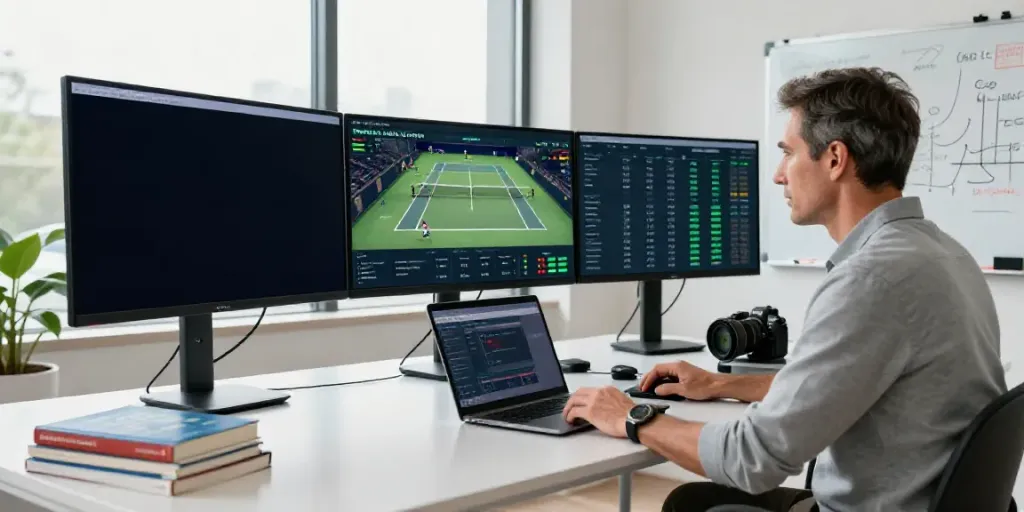 Tennis prediction algorithm displayed on multiple monitors in a sports analyst’s high-tech office.