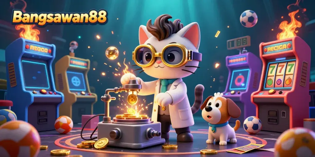 Engage in thrilling slots and sports betting with Bangsawan88 in this vibrant 3D illustration.