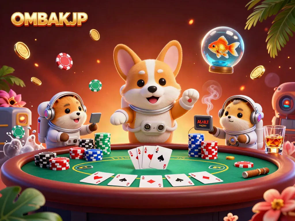 Join the fun with OMBAKJP as the astronaut corgi navigates a poker-filled space casino