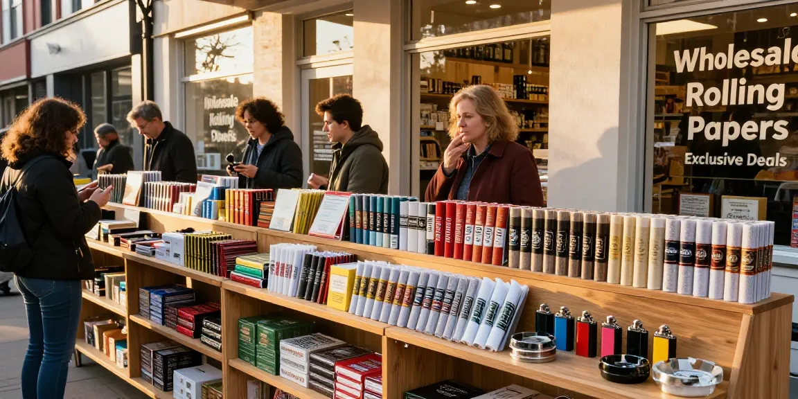 Engaging storefront displaying various wholesale rolling papers and smoking accessories.