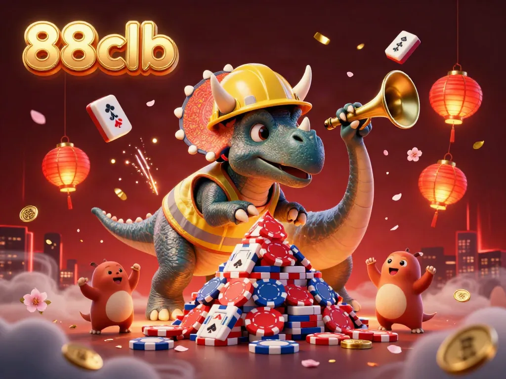 Engage with exciting 88clb gaming by watching a vibrant celebration of poker chip stacking with friendly dinosaur characters.