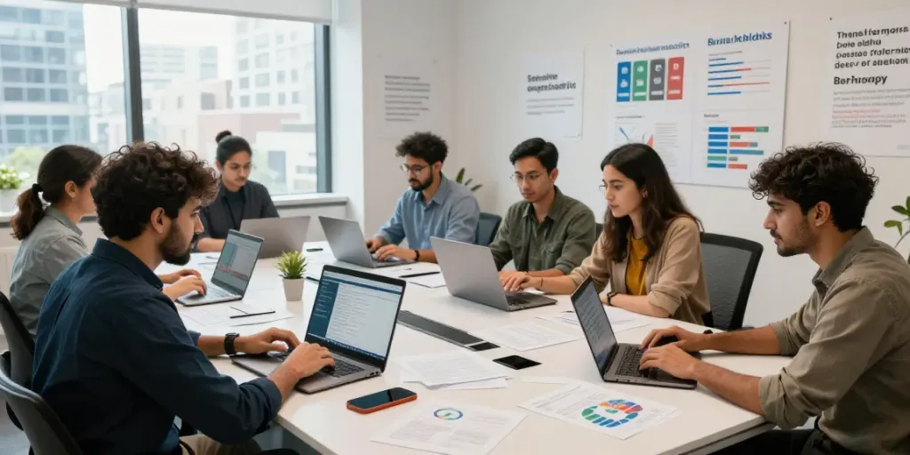 BuyMeLinks SEO agency team collaborating on outreach strategies and SEO performance metrics in modern workspace