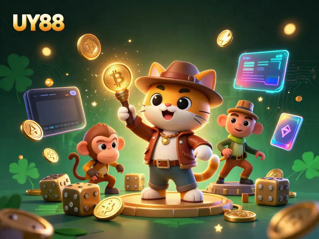 Experience the thrill of UY88 with a vibrant 3D illustration of a cat explorer uncovering casino treasures.