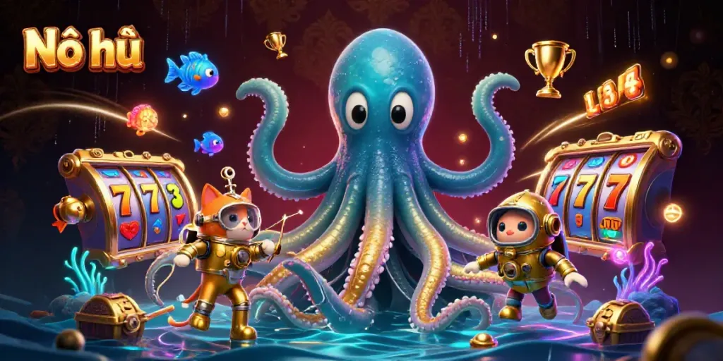 Experience Nổ hũ with vibrant 3D gaming elements and dynamic characters in a treasure-filled world.