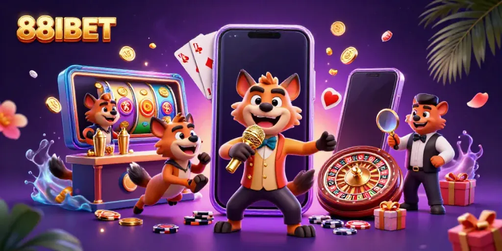 Experience excitement and fun with 88IBET at a vibrant comedy casino featuring animated hyenas.