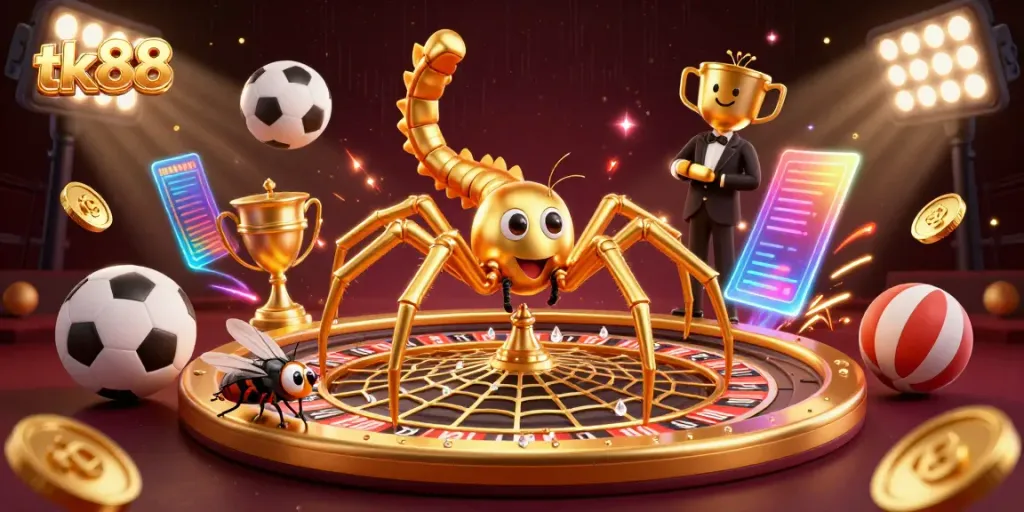 Experience the excitement of tk88 betting with a spider and centipede in a vibrant casino scene.