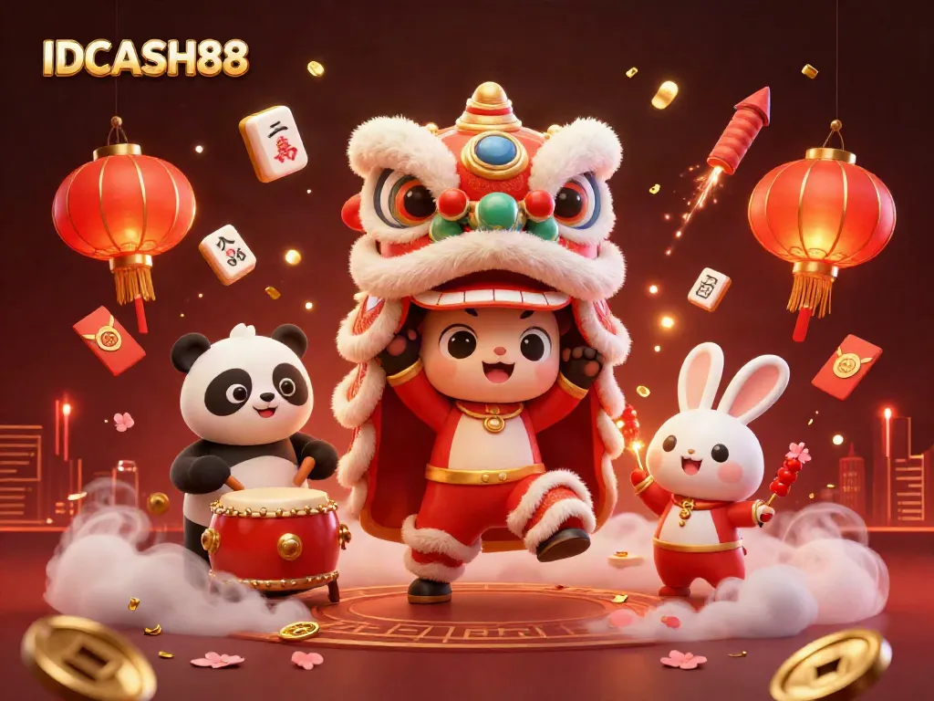 Engage with IDCASH88's vibrant casino culture illustrated through a New Year lion dance and festive elements.