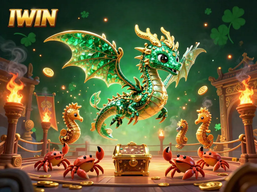 IWIN captivates with a vibrant casino-themed scene featuring a sea dragon, treasure chest, and vibrant gambling elements.