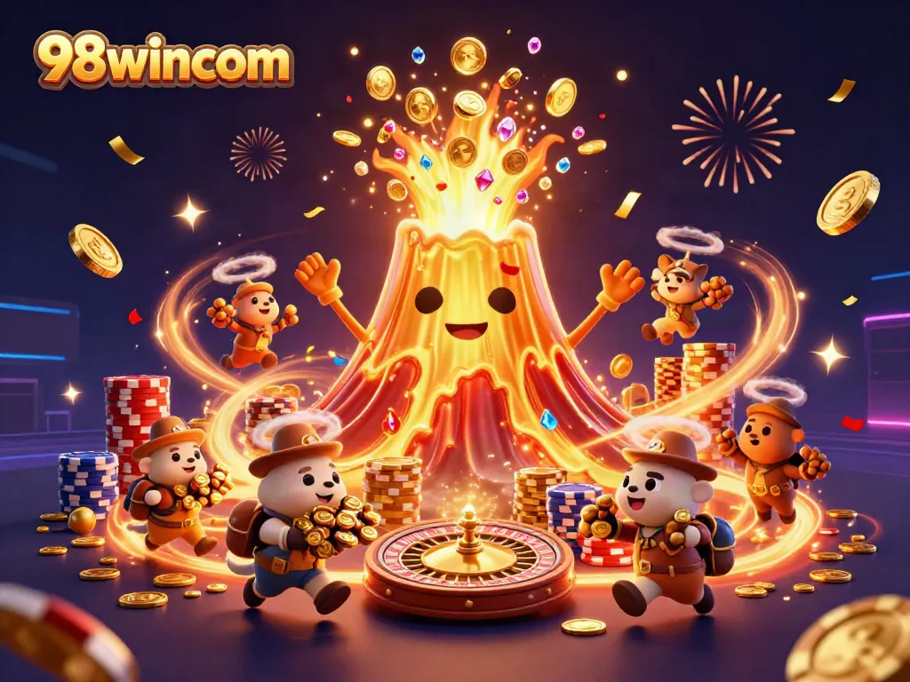 98wincom brings excitement through a triumphant volcano erupting coins and treasures amidst gambling elements.
