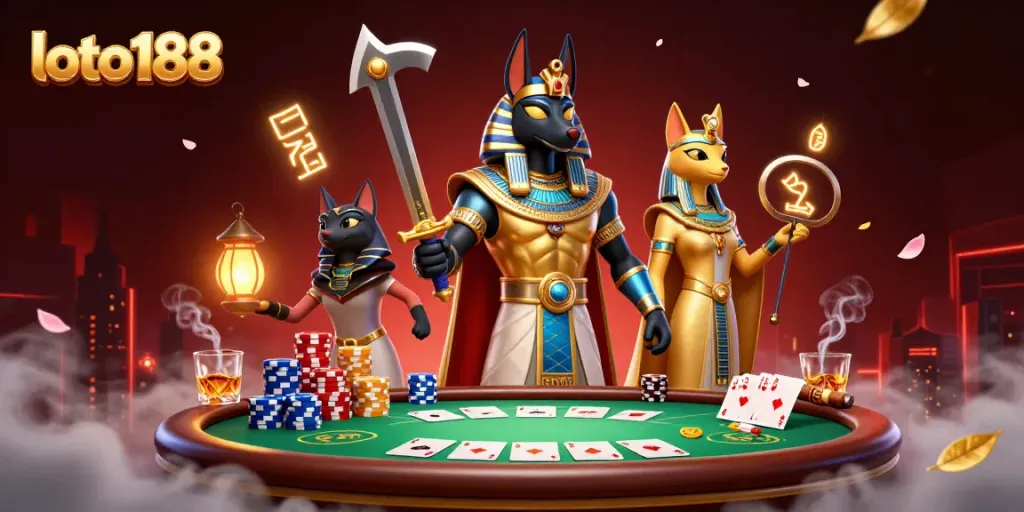 Experience thrilling poker action at loto188 with Anubis and Bastet amidst vibrant casino elements.