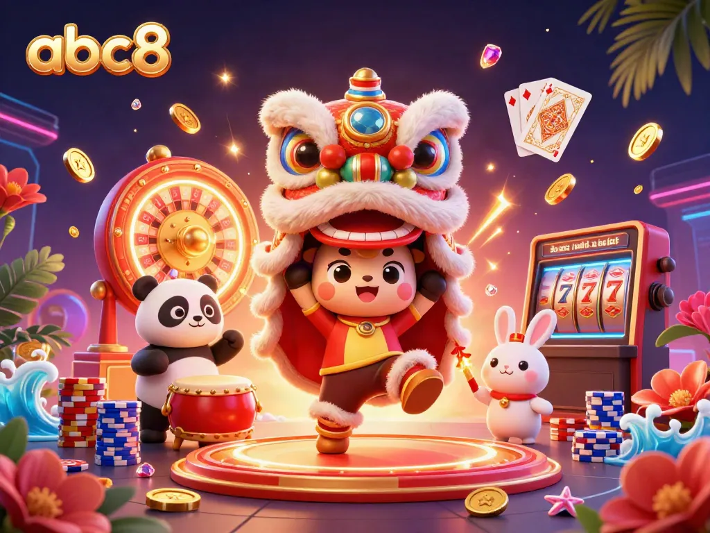 Experience the vibrant world of abc8 with a lively lion dance and casino elements in this 3D illustration.