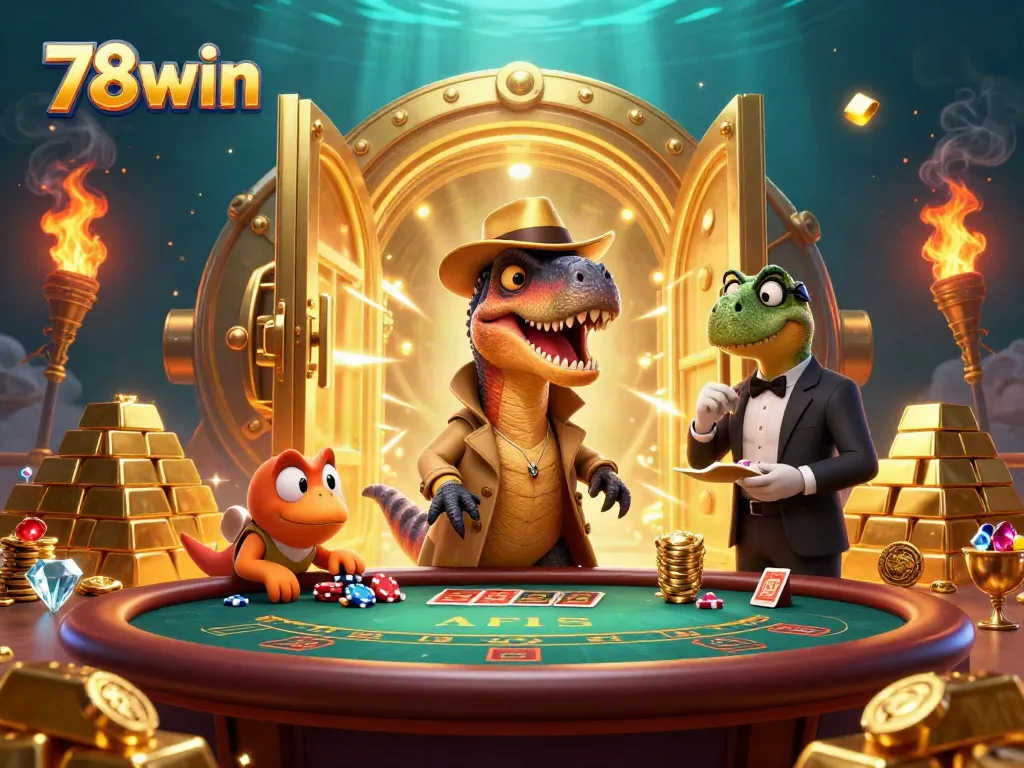 Place bets with 78win featuring lively cartoon dinosaurs at a casino table.