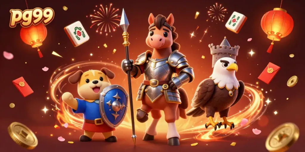 Experience the excitement of pg99 with a dynamic 3D illustration of medieval characters amidst festive casino elements.