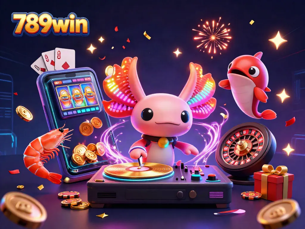Experience the thrill of 789win with a neon axolotl DJ and exciting casino elements.