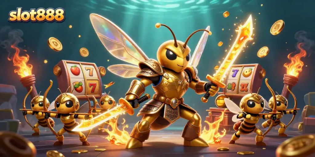 Experience exciting gameplay at slot888 with a vibrant and dynamic illustration of golden hornet samurai and slot reels.