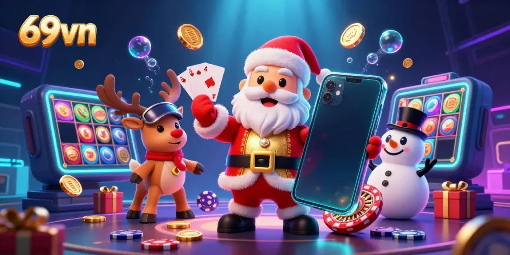 Experience the thrill of 69vn's jackpot slots with Santa, his reindeer, and a snowman surrounded by a vibrant casino atmosphere.