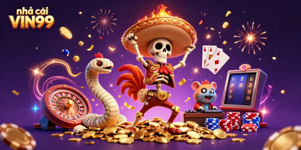 Experience the vibrant celebration at nhà cái VIN99 with festive 3D characters and exciting casino elements.