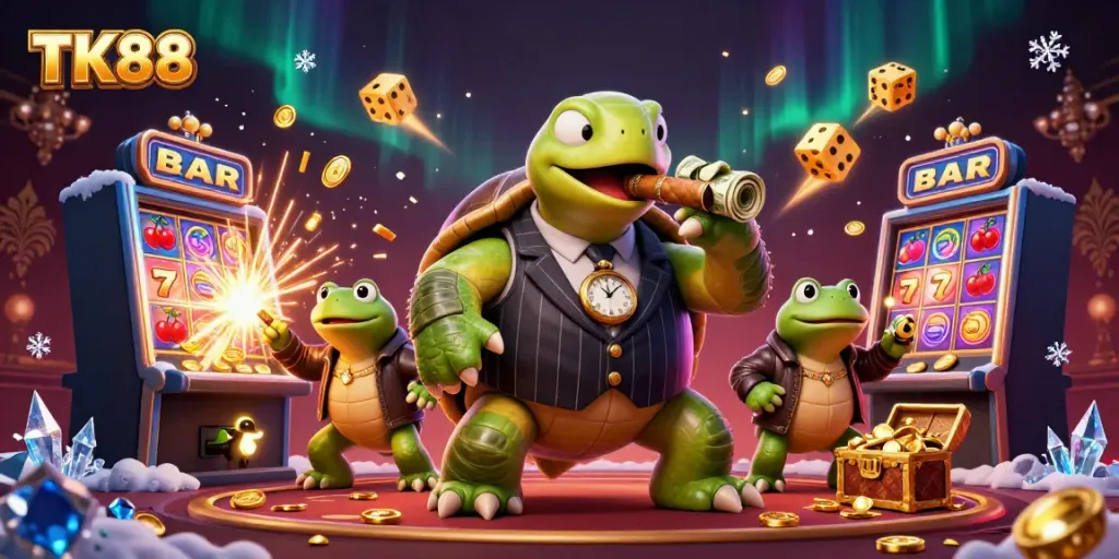 Engage in exciting casino adventures with TK88, featuring charming cartoon characters and slot machine action.