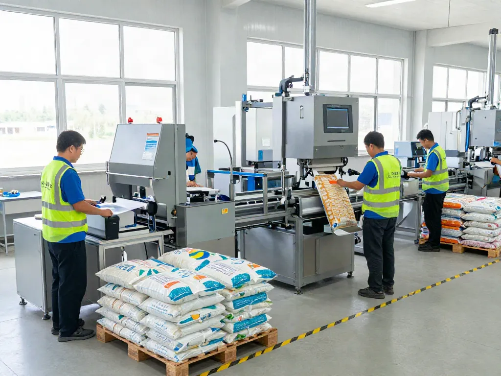 Durzerd packaging machinery supplier showcasing advanced open-mouth bagging machines in a busy manufacturing facility.
