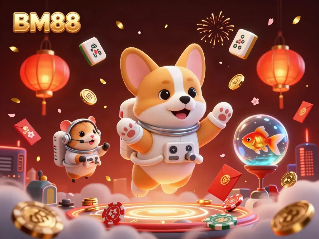 Experience the excitement of BM88 with an astronaut corgi in a casino-themed space, surrounded by drifting poker chips and gold coins.