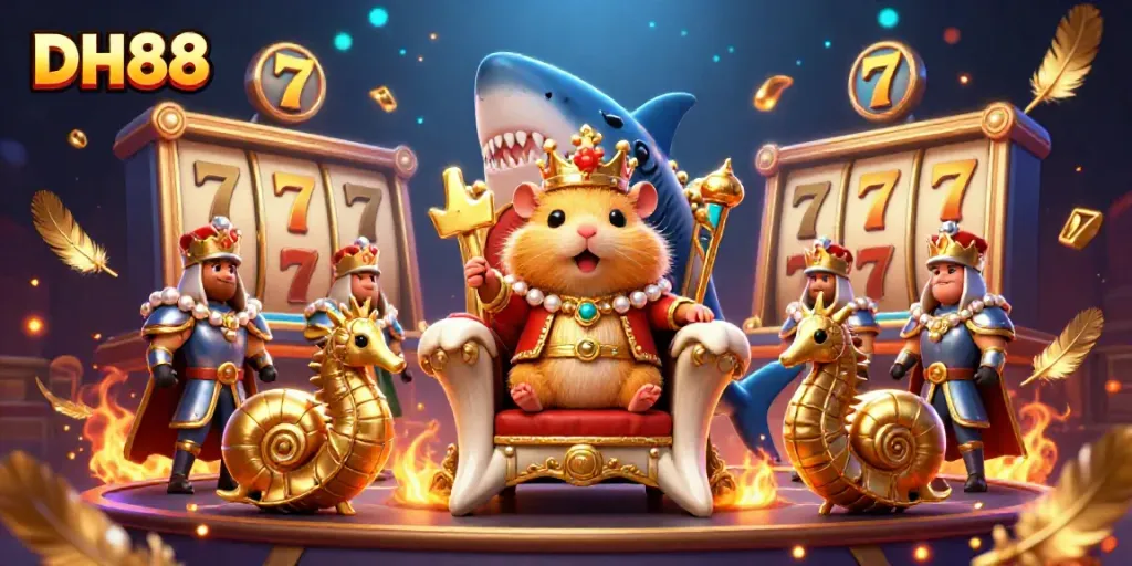 Experience the thrill of DH88 with a golden hamster king in a rich, vibrant casino environment, celebrating luck and excitement.