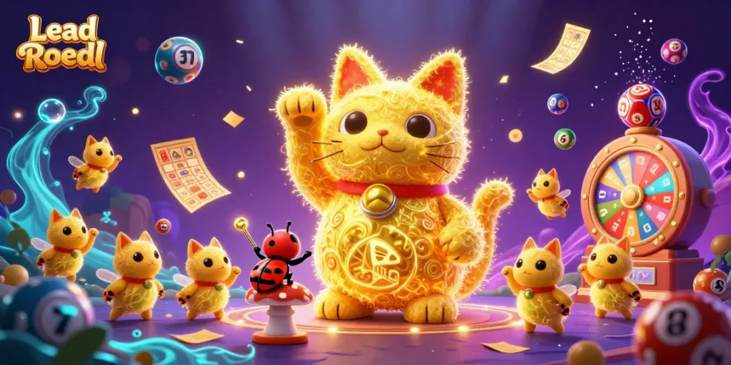 Lead Roedl depicts a lucky cat surrounded by vibrant casino symbols and lottery elements.