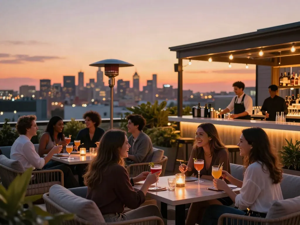 Guests enjoying cocktails at NoHu rooftop bar with stunning sunset views.