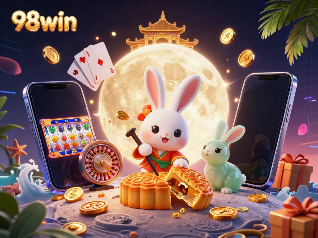 Engage with 98win gaming magic featuring a moon rabbit uncovering poker chips amidst vibrant casino elements.