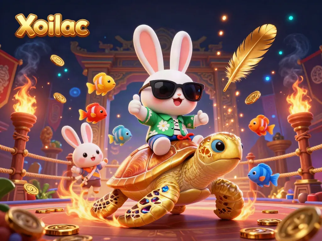 Xoilac captures excitement with a lucky rabbit and golden turtle in a dynamic casino scene.
