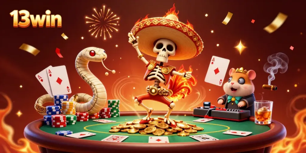 Celebrate big wins with 13win in a vibrant casino scene filled with golden coins and poker elements.