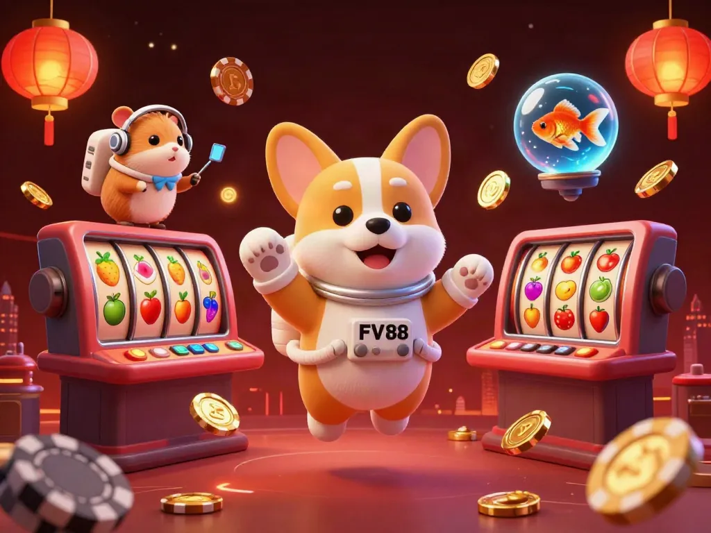 Experience the excitement of FV88 with an astronaut corgi in a vibrant casino setting full of poker chips and dynamic slot reels.