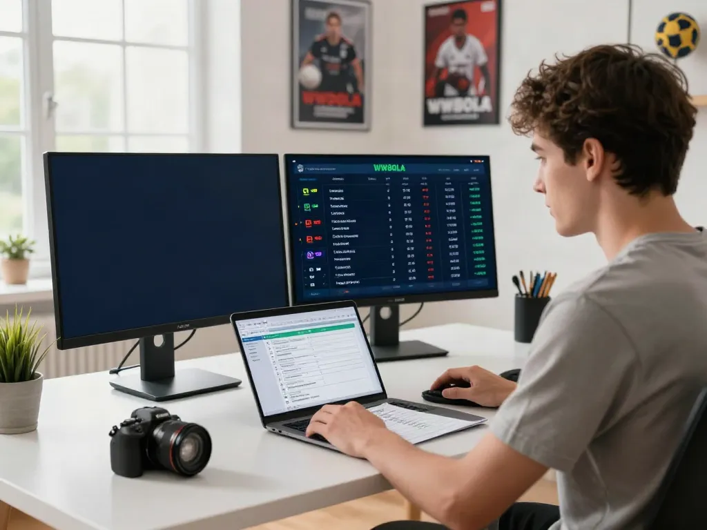 Engaging sports betting setup with odds and analysis on screens for WWBOLA.