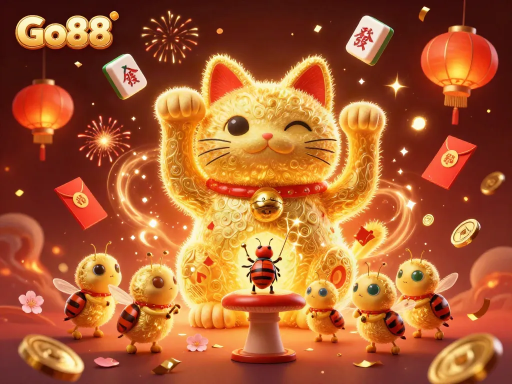 Go88 showcases a vibrant illustration of a lucky cat made of fireflies, surrounded by casino symbols and festive elements.