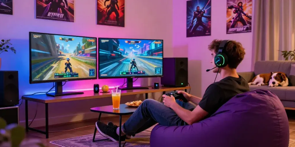 Gamer engaged in the K177 game with snacks and a cozy setup