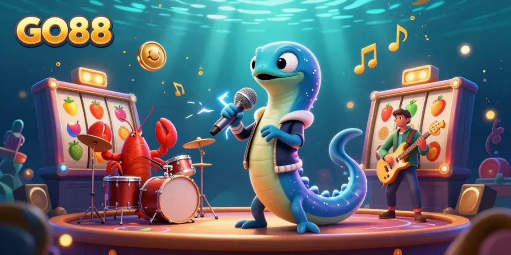 Experience the excitement at GO88 with an energetic underwater casino scene featuring a DJ eel and vibrant slot reels.
