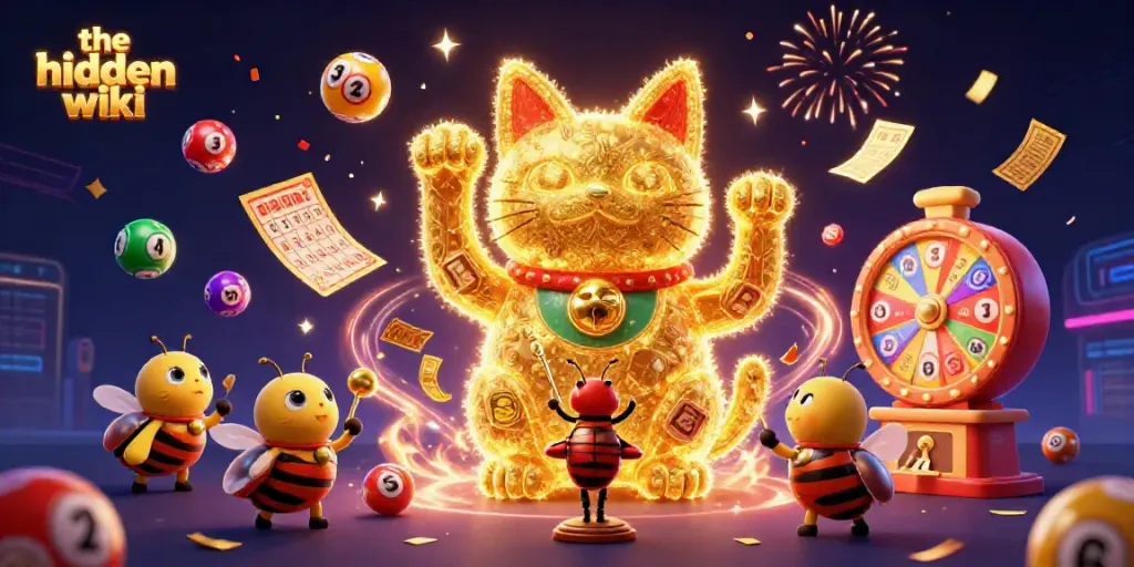 Experience the hidden wiki through a vibrant 3D illustration of a lucky cat formed by fireflies, surrounded by colorful casino elements.
