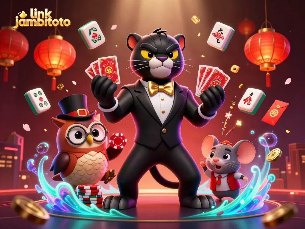 Engage with exciting link jambitoto as the stylish black panther deals cards at a vibrant casino scene.