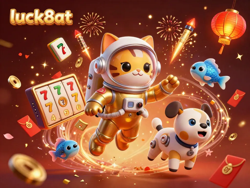 Engage with luck8at as you spin the slot reels while a space astronaut cat and a robot dog explore a vibrant casino universe.