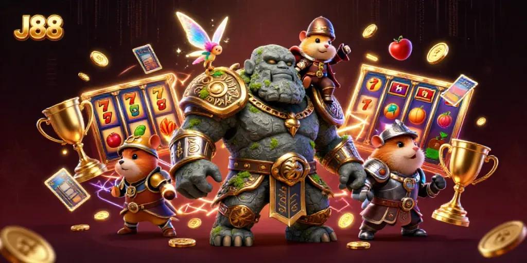 Engage with J88's vibrant 3D gaming scene featuring a magical golem, fairy, and hamster knight, celebrating wins.