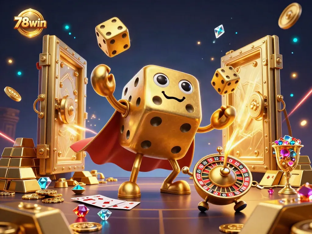Engage with the exciting world of 78win, featuring a golden dice golem and extravagant casino riches.