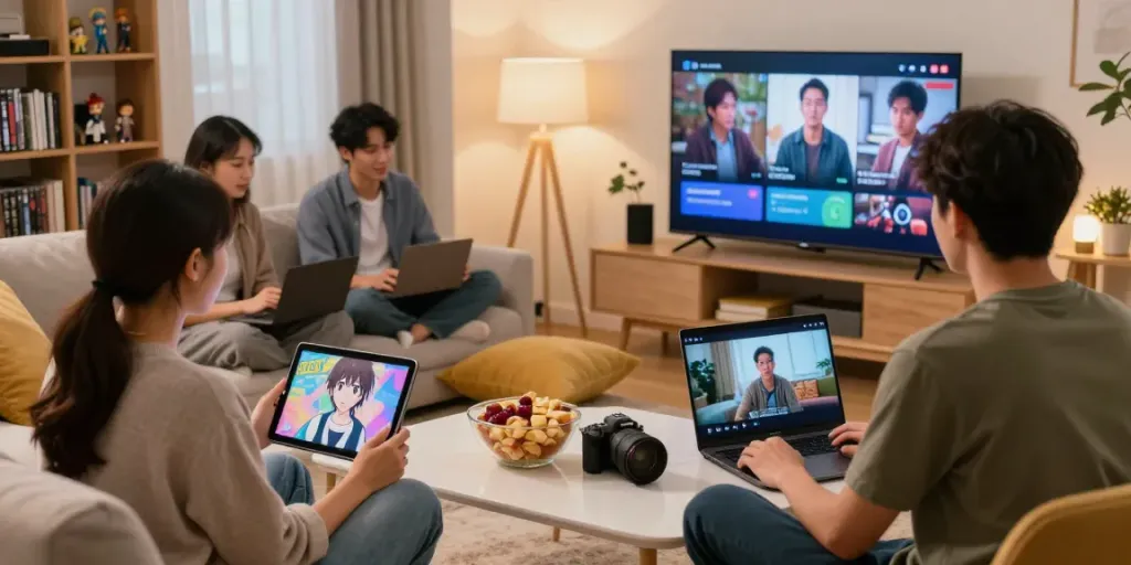 Utilisateurs profitant de l'application Senpai Stream APK sur différents appareils dans un cadre convivial et moderne.
