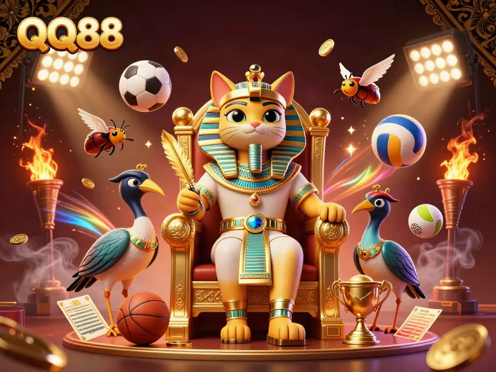 Experience the vibrant energy of QQ88 with dynamic characters and sports elements in a lavish setting.