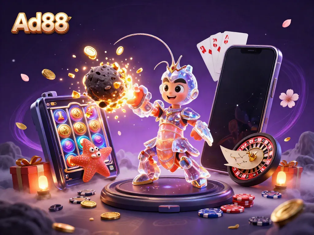 Experience the thrill of Ad88 with a vibrant 3D illustration of a mantis shrimp amid exploding gems and casino elements.